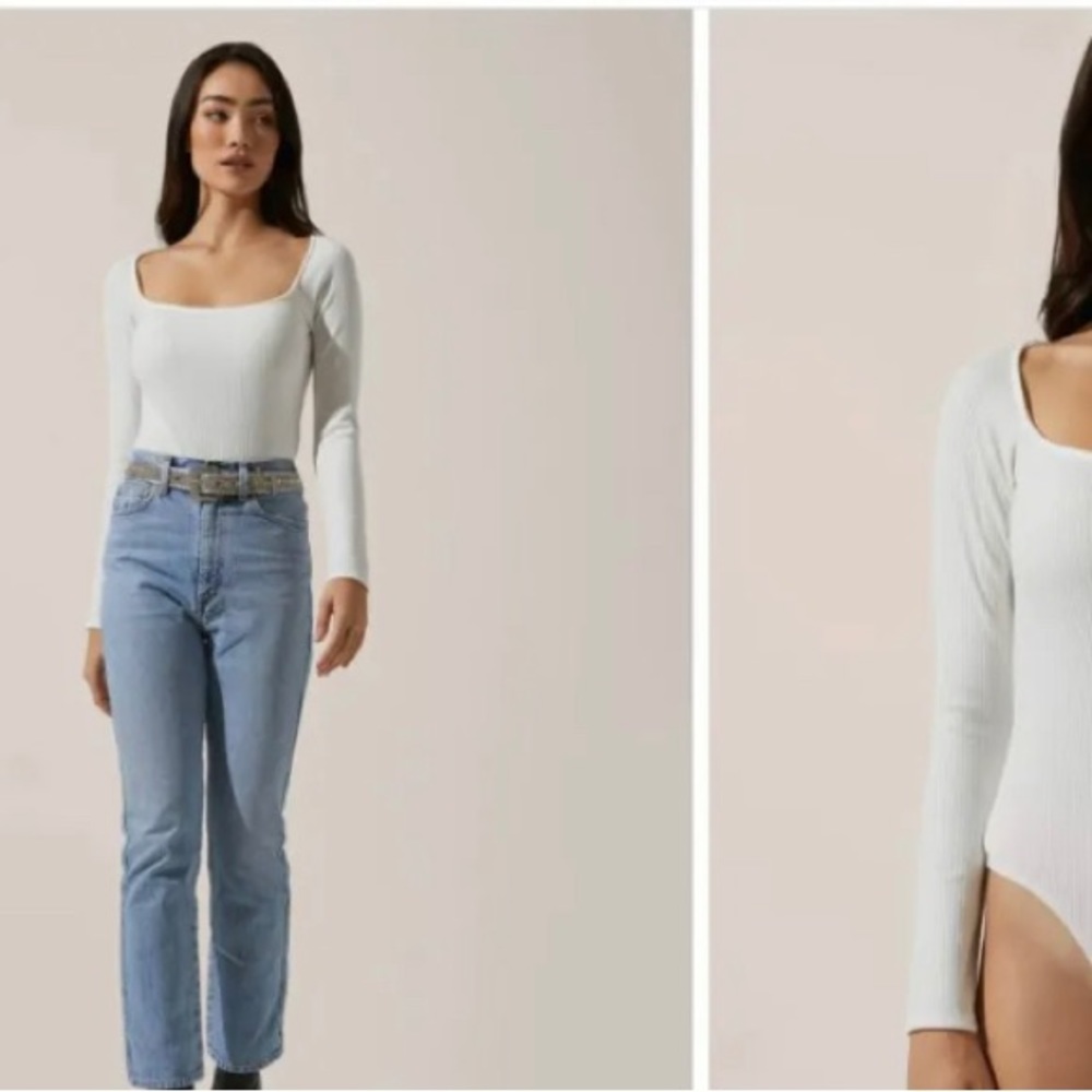 ASTR the Label Square Neck Long Sleeve Bodysuit L Ivory Cream 5416.